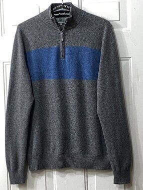 Qi Cashmere Sz M Mens 1/4 Zip Sweater Gray & Blue Stripe